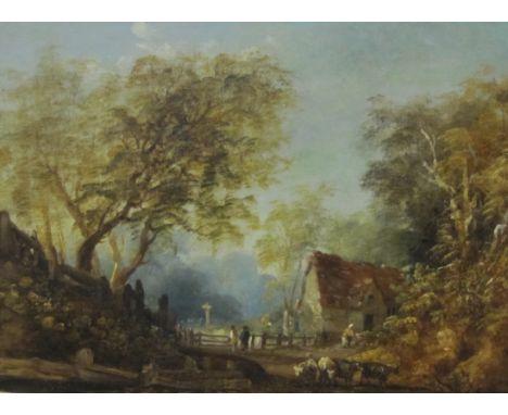 ENGLISH SCHOOL CIRCA 1850. A wooded landscape with Figures and animals by a farmhouse, oil on canvas, 12 1/2 x 16 in; and a p