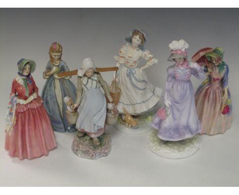 Two Royal Doulton Figures of Ladies, Miss Demure, Gillian, three Worcester Figures of Ladies, Sweet Anne, No. 3630, Old Count