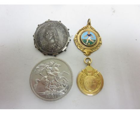 A George V 9ct gold Sporting Medallion, an enamel Football Medal, Victorian Half Crown 1889 and a Festival of Britain Crown 1