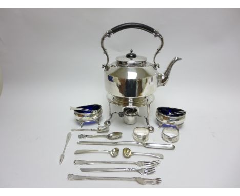 Two silver Napkin Rings, a silver Spoon with thistle finial, two Georgian Condiment Spoons, silver Caddy Spoon, pair of plate