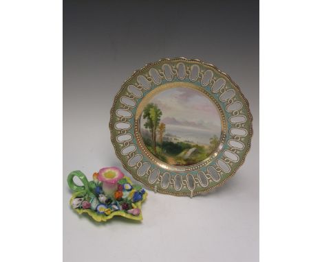 A Minton Chamber Candlestick with floral encrusted design, A/F, and a 19th Century Copeland Plate with pierced border, painte