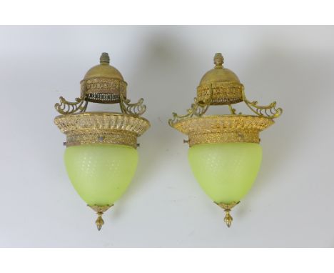 Pair of gilt brass and vaseline glass Lamp Shades with ornate pierced design