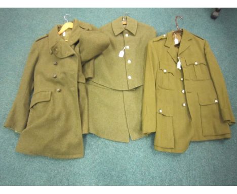 A British Army Great Coat inscribed Cpl. Wynn, tunic and matching trousers and a sleeveless jacket with matching cape. The bu
