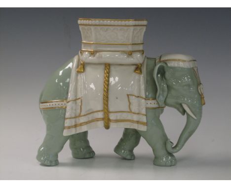 A 19th Century Worcester Figure of Elephant in green glaze with Howdah, gilt decorated, modelled by Hadley, 8in H, printed ma