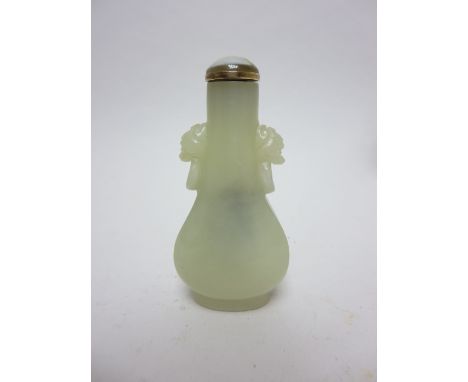 A pale jade baluster Scent Bottle and stopper with kylin ring handles, 3in 