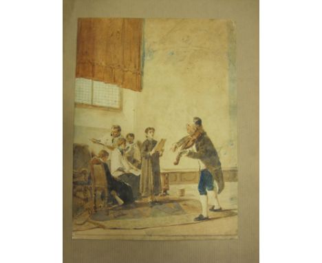 *SCROVAGGI (?) The Music Lesson, indistinctly signed, watercolour, unframed, 10 1/2 x 8 in;¦ and a pair of genre portrait sub