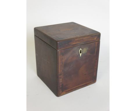 A Georgian mahogany and satinwood strung single division Tea Caddy with hinged lid, 5in H x 4in W
