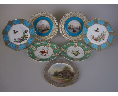 Pair of Minton Plates with pierced edges painted scenes of Chelsea Hospital and Black Friars Bridge, another pair with bird a