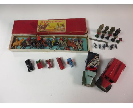 A Crescent boxed Set of Cowboys and Indians, five unboxed Lesney Matchbox Vehicles including tractor and dumper truck, Triang