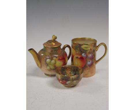 A Royal Worcester miniature Teapot painted fruit designs, a miniature Bowl painted fruit and a small tapering cylindrical Mug