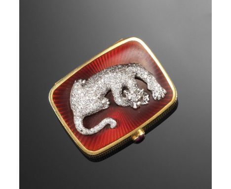 An 18ct yellow gold box by Asprey, the cabochon ruby thumbpiece released the hinged and springloaded cover, applied with a re