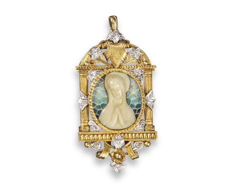 An Art Nouveau religious pendant, centred with a carved ivory figure of the Virgin Mary on plique~à~jour ground. The gold fra