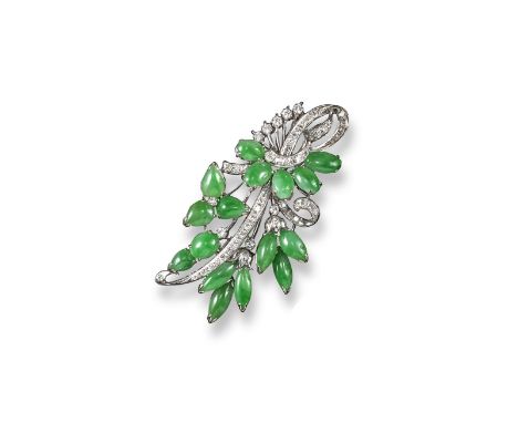 A white gold spray brooch set with jade cabochons and diamonds. 6.3cm high.