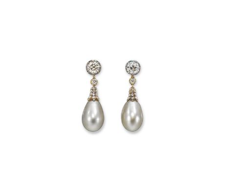 A pair of natural pearl and diamond drop earrings, the drop~shaped pearls suspend from two graduated circular cut diamonds an