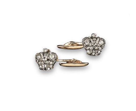 A pair of diamond set Impreial crown cufflinks, C1900 the back sections marked 56 and BA. Some diamonds missing and some repl