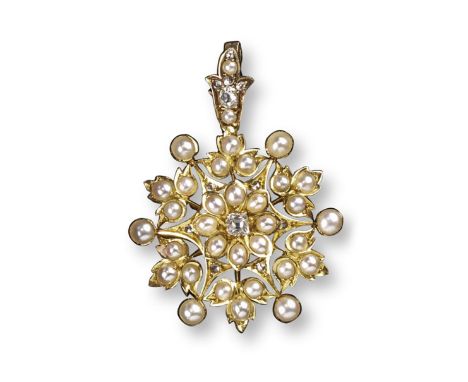 An Edwardian pearl and diamond set gold brooch pendant, of foliate form with detachable brooch fitting, fitted case by Hunt &