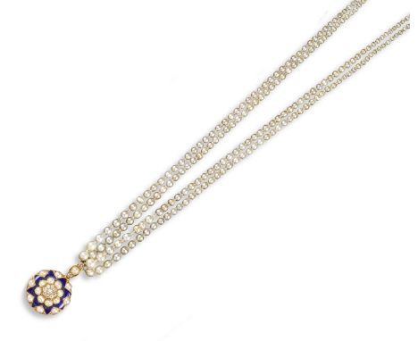 A two row graduated untested pearl necklace suspending a Victorian gold circular locket pendant centred with a cluster of cus