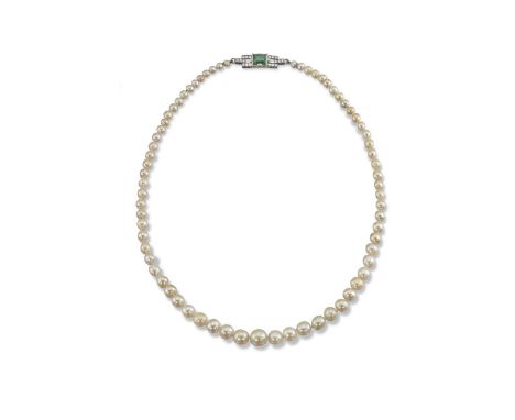 A single row natural pearl necklace, the seventy pearls graduate from ?? to ?? with emerald and diamond set clasp. 50cm long.