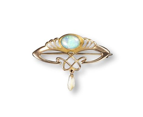 A gold Art Nouveau brooch, set with an oval~shaped opal and pearl drop. 4cm wide.