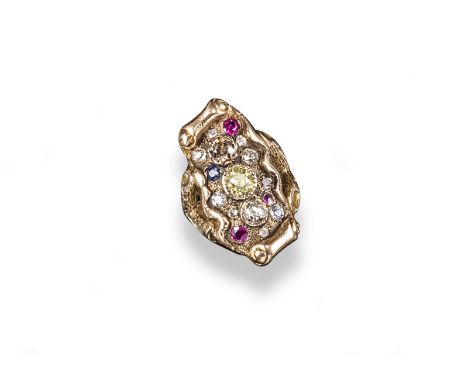 An unusual ruby and diamond ring, the three graduated fancy coloured diamonds are set within scrolling rose gold granulated g