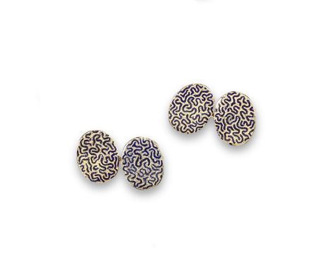 A pair of French gold and enamel cufflinks, with blue vermicelli pattern enamel on granulated oval ground. French control mar