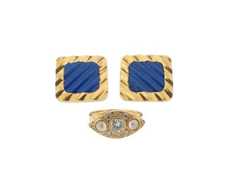A pair of fluted lapis lazuli centred square~form gold earrings, and a diamond a half~pearl set gold ring.