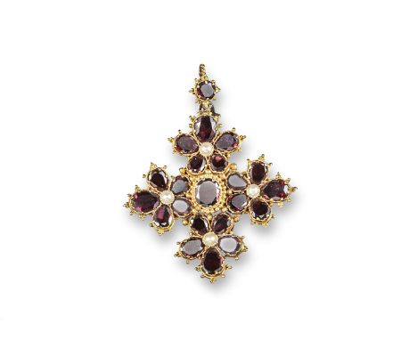 A George III garnet and seed pearl set gold locket brooch pendant, formed as four flower heads with flat garnet petals and ea
