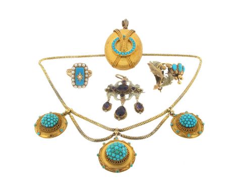 A Victorian gold necklace, suspending three circular gold discs set with turquoise cabochons. A gold ring mounted with a rect