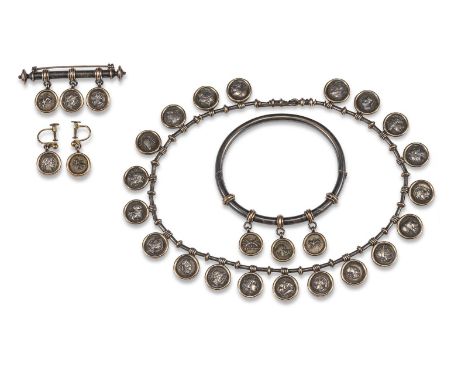 A 19th Century suite of jewellery, encorporating Greek coins, comprising a fringe necklace, bangle, brooch and earrings. Gun 