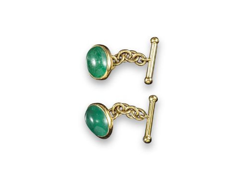 A pair of emerald cabochon cufflinks, set in 18ct yellow gold with gold chain links and t~bar gold terminals.