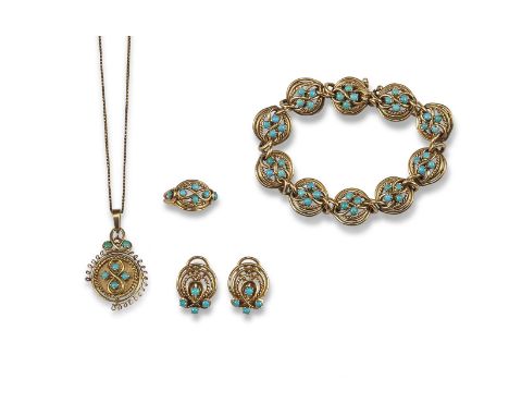 A turquoise set gold bracelet, the four turquoise cabochons within gold ropetwist and plain surround. With matching ring, ear