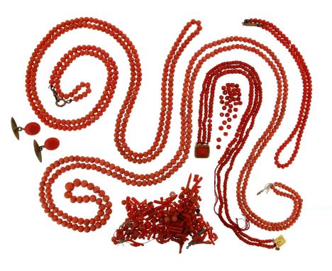 Four coral bead necklaces, a pair of coral mounted cufflinks and a quantity of loose coral beads.