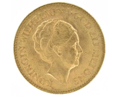 Netherlands, 10 Guilders, 1932, gold coin. Netherlands, 10 Guilders, 1932, The old portrait of Queen Wilhelmina facing right 