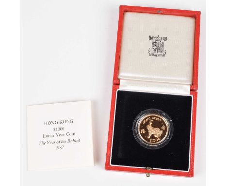 Queen Elizabeth II, Hong Kong, $1000 Lunar Year Gold Proof Coin, 1987, The Year of the Rabbit. Queen Elizabeth II, Hong Kong,