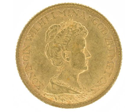 Netherlands, 10 Guilders, 1912, gold coin. Netherlands, 10 Guilders, 1912, The mature portrait of Queen Wilhelmina facing rig