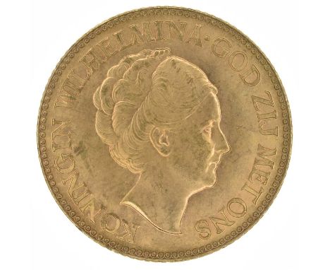 Netherlands, 10 Guilders, 1933, gold coin. Netherlands, 10 Guilders, 1933, The old portrait of Queen Wilhelmina facing right 