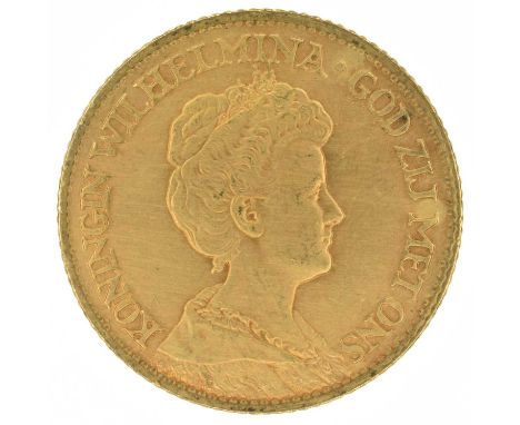 Netherlands, 10 Guilders, 1912, gold coin. Netherlands, 10 Guilders, 1912, The mature portrait of Queen Wilhelmina facing rig