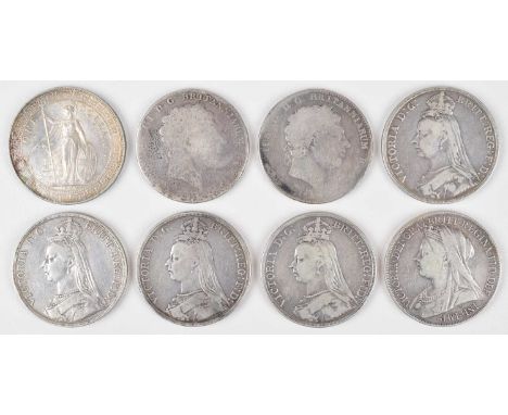 1902 Trade Dollar and seven historic silver crowns (8). A silver British Trade Dollar, 1902, Bombay Mint, Standing figure of 