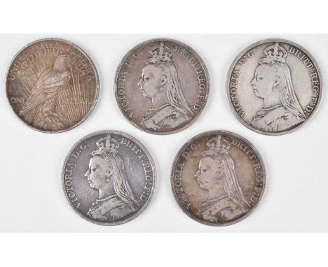 Four silver Victoria Crowns and a silver 1924 Liberty Dollar (5). Four silver Queen Victoria Crowns, 1890 (3) and 1892, Jubil