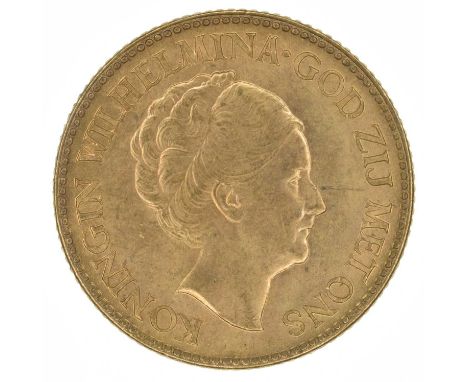 Netherlands, 10 Guilders, 1926, gold coin. Netherlands, 10 Guilders, 1926, The old portrait of Queen Wilhelmina facing right 