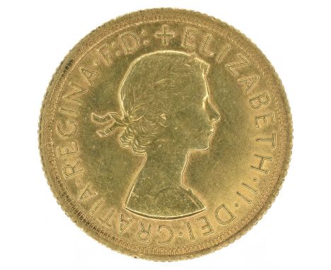 Queen Elizabeth II, Sovereign, 1965. Queen Elizabeth II, Sovereign, 1965, Young laureate head r. R. St. George and dragon, go