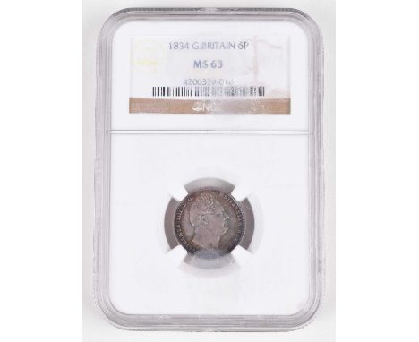King William IV, Sixpence, 1834, slabbed and graded MS63 by NGC. King William IV, Sixpence, 1834, Bare head r. R. Value in wr