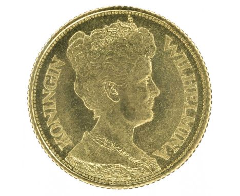 Netherlands, 5 Guilders, 1912, gold coin. Netherlands, 5 Guilders, 1912, The mature portrait of Queen Wilhelmina facing right