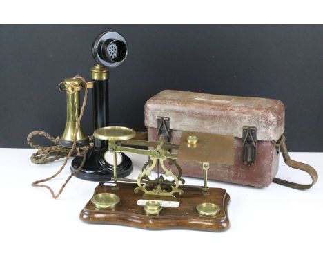 A set of Inland letter postal scales together with a candlestick telephone and a telephone engineers handset. 