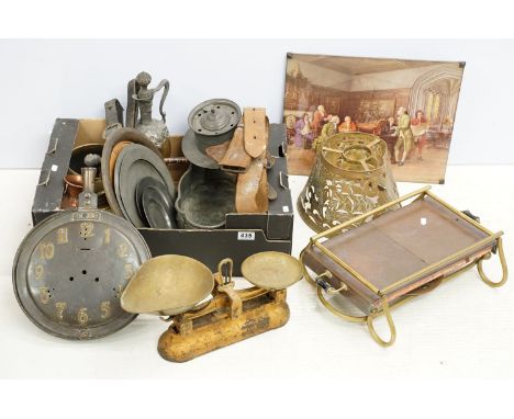 Collection of assorted metals wares to include arts and crafts copper and brass warmer, balance scales, Chinese copper vase, 