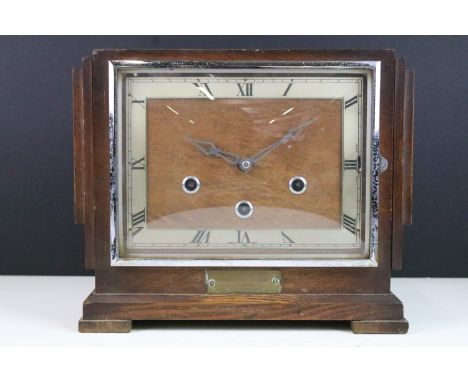 Vintage Art Deco Gufa wooden case mantel clock presented to Miss D Clark by the Bridgend Staff of the P.I.C.S, H 22cm x W 28c