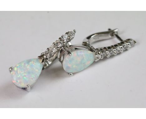 Pair of silver and opal Art Deco style stepped earrings 