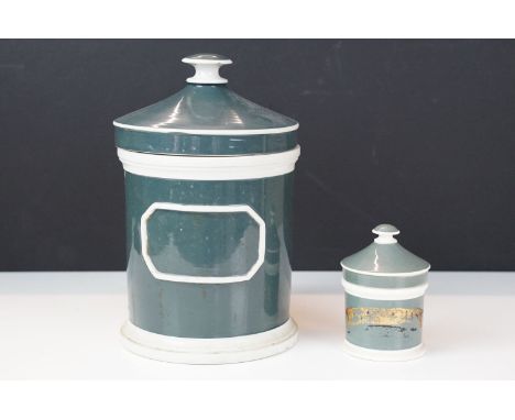 19th Century lidded ceramic glazed chemist apothecary jars, one with worn gilt label,  Tallest approx. 23cm, smallest 10.5cm