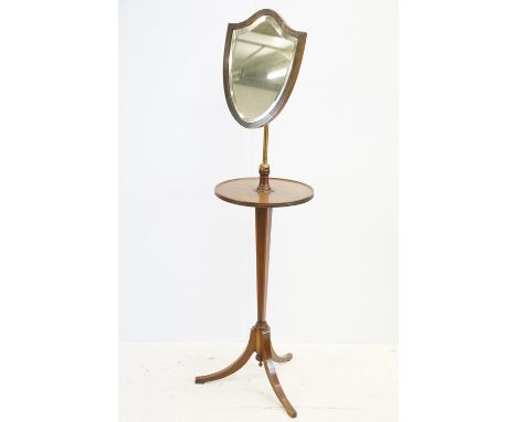 Early 20th century mahogany and line inlaid shaving stand, with shield shaped mirror with bevelled glass above circular shelf