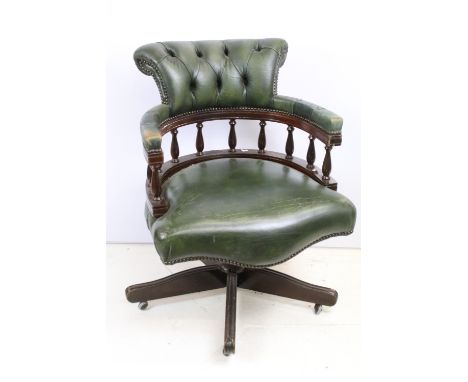20th century mahogany and green leatherette captains chair, with button back and arms above galleried back, 85cm high x 63cm 